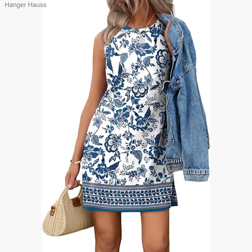 Sleeveless A-Line Tank Dress, Polyester Spandex, Knee Length, Casual Boho